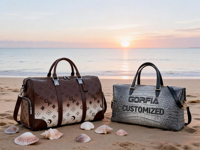 two-duffel-bags-placed-on-sandy-beach-at-sunset-with-seashells-coastal-natural-scene