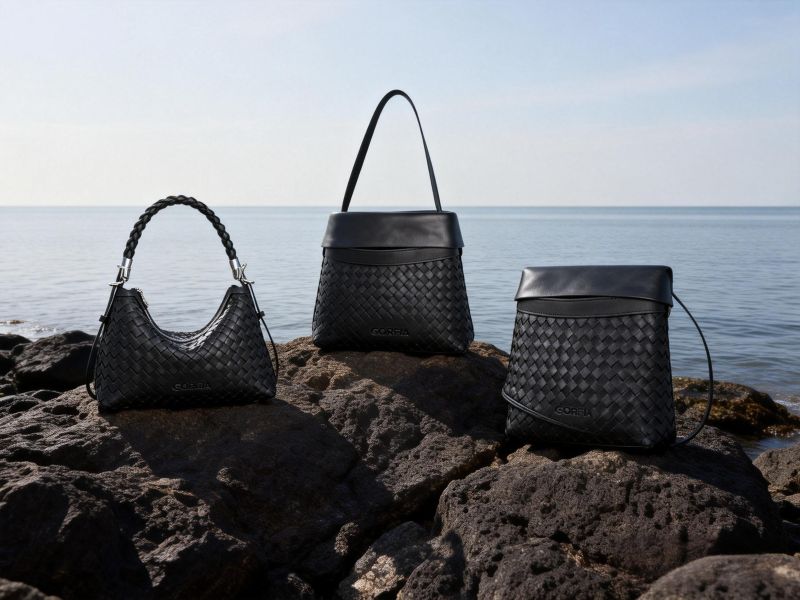 three-black-woven-bags-on-the-rocks-by-sea