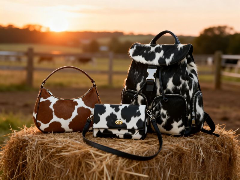 brown-and-white-cow-print-handbag-crossbody-bag-and-backpack-on-hay-bale-at-sunset-farm-scene