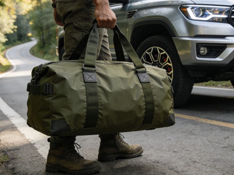 person-holding-green-duffel-bag-luggage-for-short-trips-and-weekend-getaways-near-suv