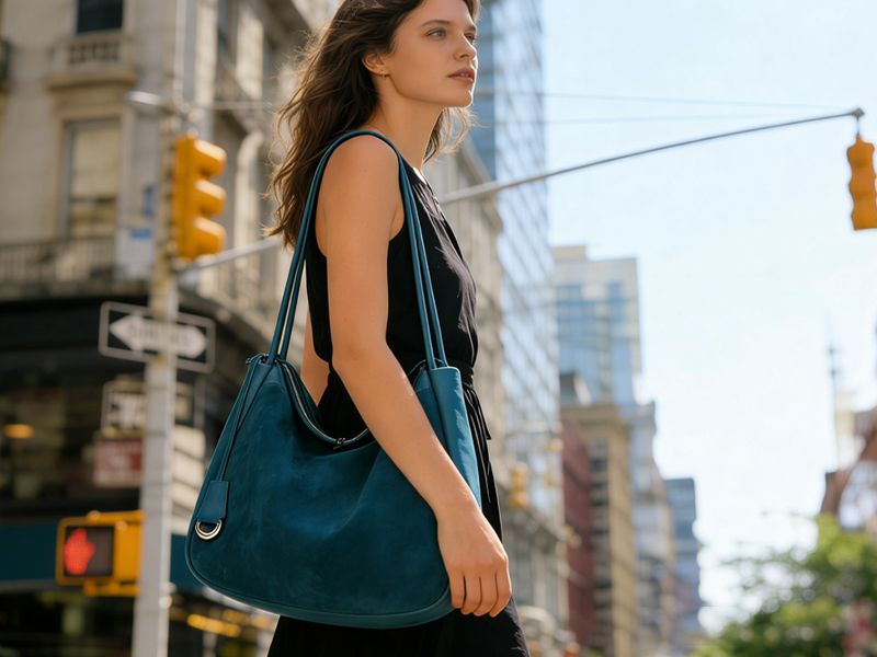 modern-woman-carrying-teal-suede-hobo-bag-in-urban-city-street
