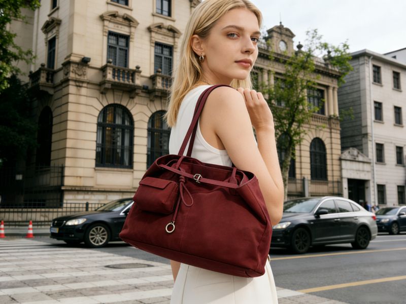 stylish-woman-with-burgundy-suede-tote-bag-in-urban-street