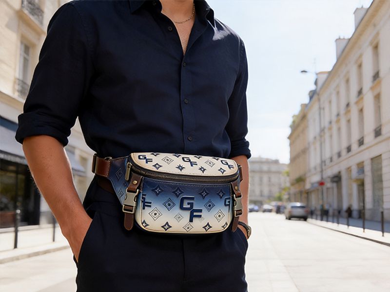 man-wearing-gradient-monogram-pattern-belt-bag-at-waist-with-dark-navy-shirt-on-parisian-street