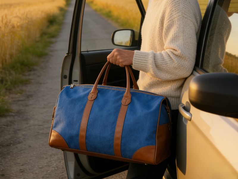 person-holding-duffel-bag-luggage-for-short-trips-and-weekend-getaways-near-car