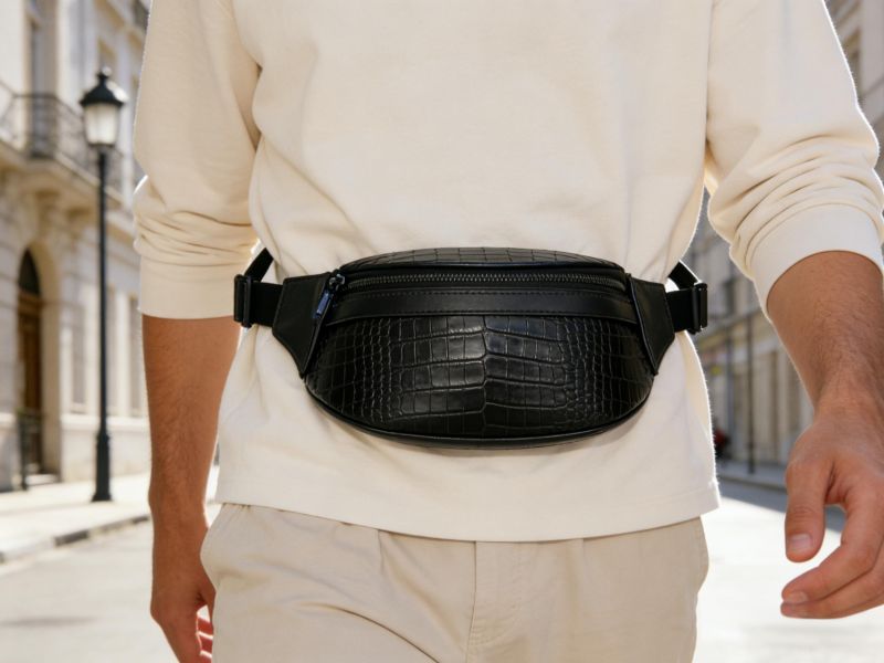 man-wearing-black-crocodile-pattern-belt-bag-at-waist-on-urban-street